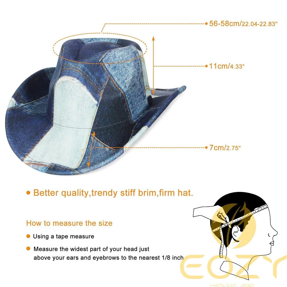 6547 Tie Dye Denim Patchwork Cowboy Hat For Women Men Western Wide Brim - Picture 7 of 7